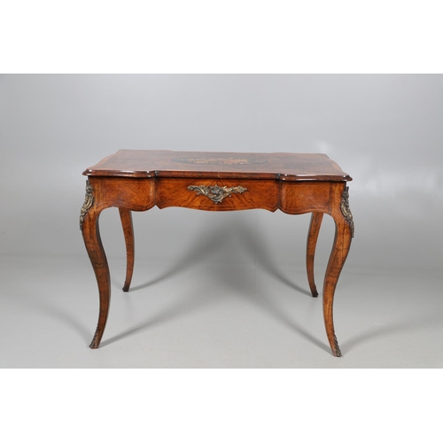 454 - A LOUIS XV STYLE BURR WALNUT AND MARQUETRY BUREAU PLAT. late 19th century, the shaped top with oval ... 