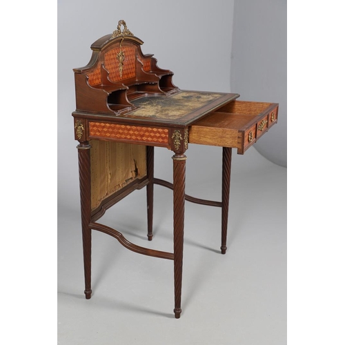 459 - A LOUIS XVI STYLE LADIES PARQUETRY WRITING TABLE. late 19th century, with unusual pull up screen to ... 