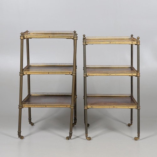 460 - A NEAR PAIR OF ROSEWOOD AND GILT METAL ETARGES. 19th century, each with three brass galleried tiers ... 