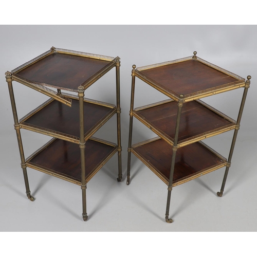 460 - A NEAR PAIR OF ROSEWOOD AND GILT METAL ETARGES. 19th century, each with three brass galleried tiers ... 