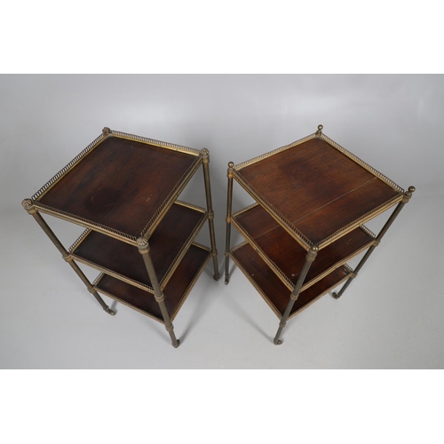 460 - A NEAR PAIR OF ROSEWOOD AND GILT METAL ETARGES. 19th century, each with three brass galleried tiers ... 