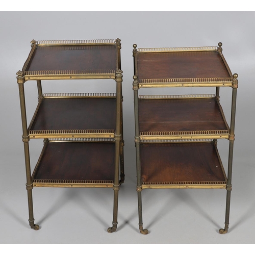 460 - A NEAR PAIR OF ROSEWOOD AND GILT METAL ETARGES. 19th century, each with three brass galleried tiers ... 