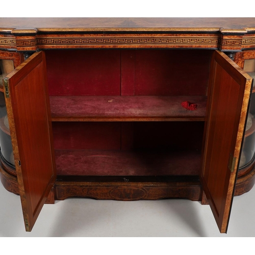 465 - A VICTORIAN WALNUT, AMBOYNA & PARQUETRY INLAID CREDENZA. Circa 1870, of bowed outline, the walnut fi... 