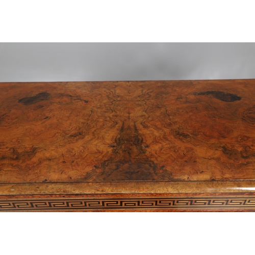 465 - A VICTORIAN WALNUT, AMBOYNA & PARQUETRY INLAID CREDENZA. Circa 1870, of bowed outline, the walnut fi... 