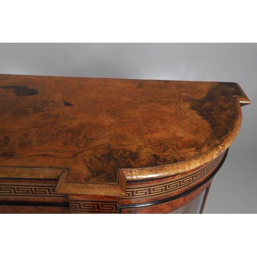 465 - A VICTORIAN WALNUT, AMBOYNA & PARQUETRY INLAID CREDENZA. Circa 1870, of bowed outline, the walnut fi... 