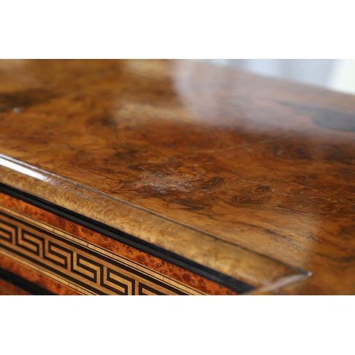 465 - A VICTORIAN WALNUT, AMBOYNA & PARQUETRY INLAID CREDENZA. Circa 1870, of bowed outline, the walnut fi... 