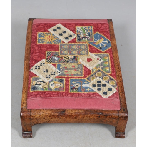 468 - A VICTORIAN OAK AND WOOLWORK FOOTSTOOL. the drop-in woolwork seat with unusual pack of cards design ... 