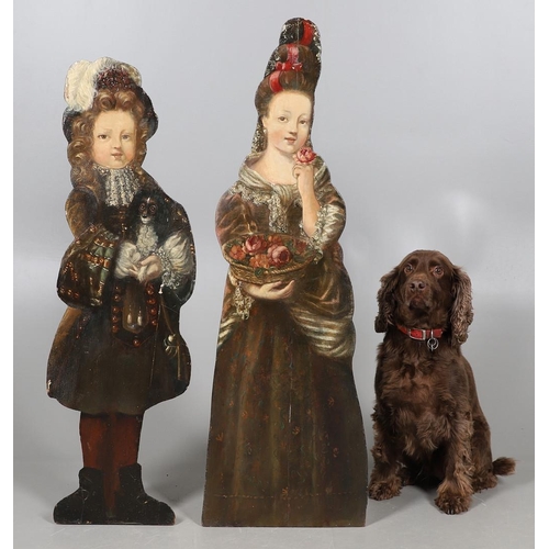 470 - A PAIR OF 19TH CENTURY PAINTED DUMMY BOARDS. depicting a boy with a spaniel and a girl with a basket... 