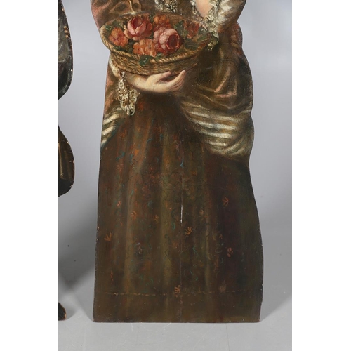 470 - A PAIR OF 19TH CENTURY PAINTED DUMMY BOARDS. depicting a boy with a spaniel and a girl with a basket... 