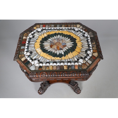 474 - A LATE REGENCY ROSEWOOD AND SPECIMEN HARDSTONE TABLE. the octagonal top inset with various polished ... 