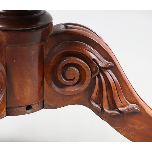 479 - A SUBSTANTIAL MID-19TH CENTURY MAHOGANY BREAKFAST TABLE. the circular top upon a heavily carved trif... 