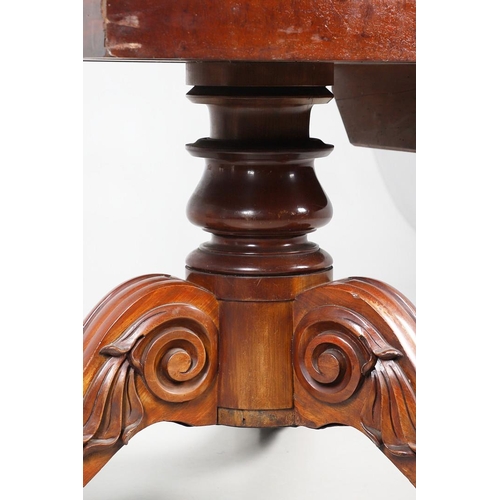 479 - A SUBSTANTIAL MID-19TH CENTURY MAHOGANY BREAKFAST TABLE. the circular top upon a heavily carved trif... 