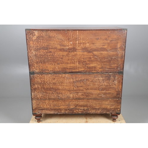 480 - AN EARLY 19TH CENTURY BRASS BOUND TEAK CAMPAIGN CHEST. the twin section comprising of two short over... 