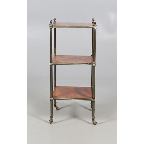 483 - A 19TH CENTURY MAHOGANY AND BRASS MOUNTED WHATNOT. of three tiers, the brass ring turned supports wi... 