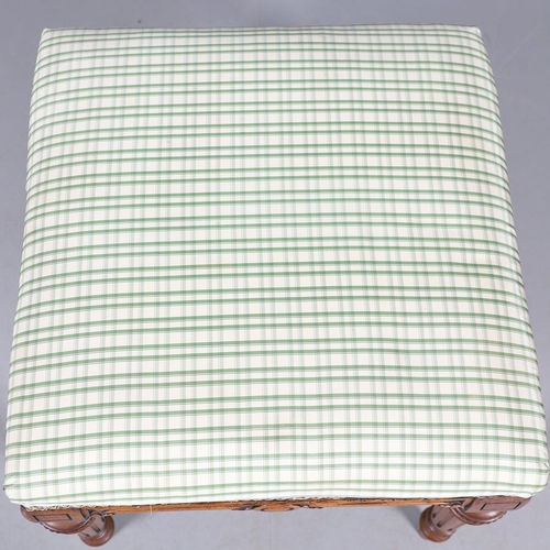 484 - A LATE 19TH CENTURY BEECH STOOL. the square top upholstered with green and cream check fabric upon t... 