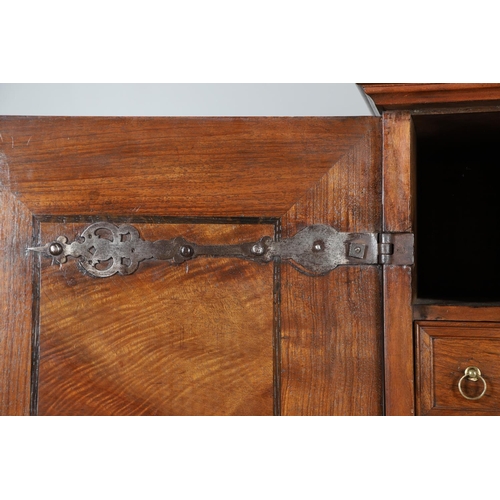 486 - AN 18TH CENTURY NORTHERN EUROPEAN OLIVEWOOD CABINET ON LATER STAND. surmounted by a drawer pediment ... 