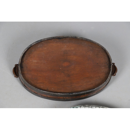 492 - A GEORGE III WALNUT BRASS COOPERED TRAY/PLANTER. with scroll handles, later tin liner and flower gri... 