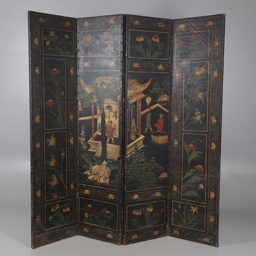 494 - A 19TH CENTURY LEATHER FOUR FOLD ROOM SCREEN. the four panels painted with Oriental style decoration... 