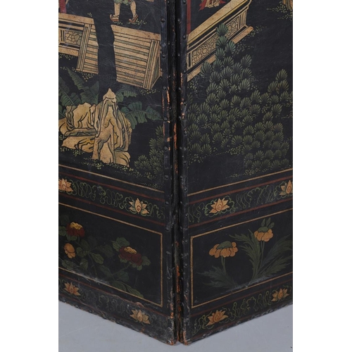 494 - A 19TH CENTURY LEATHER FOUR FOLD ROOM SCREEN. the four panels painted with Oriental style decoration... 