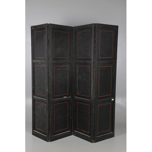 494 - A 19TH CENTURY LEATHER FOUR FOLD ROOM SCREEN. the four panels painted with Oriental style decoration... 