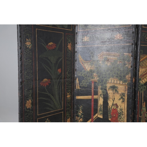 494 - A 19TH CENTURY LEATHER FOUR FOLD ROOM SCREEN. the four panels painted with Oriental style decoration... 