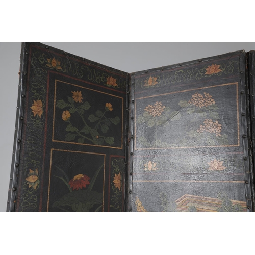 494 - A 19TH CENTURY LEATHER FOUR FOLD ROOM SCREEN. the four panels painted with Oriental style decoration... 