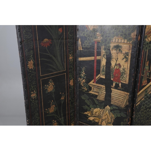 494 - A 19TH CENTURY LEATHER FOUR FOLD ROOM SCREEN. the four panels painted with Oriental style decoration... 