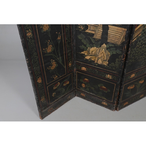 494 - A 19TH CENTURY LEATHER FOUR FOLD ROOM SCREEN. the four panels painted with Oriental style decoration... 