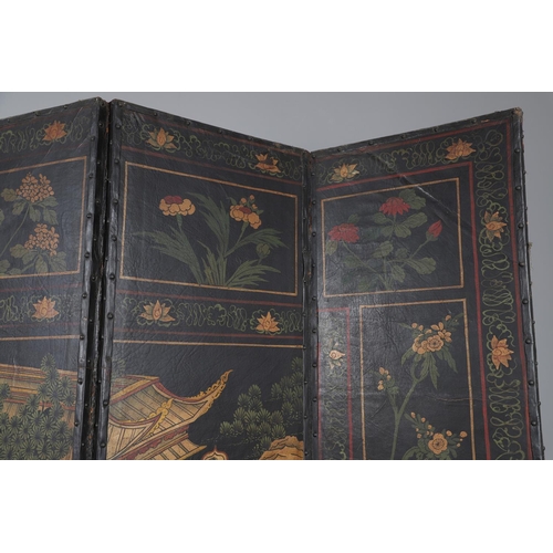 494 - A 19TH CENTURY LEATHER FOUR FOLD ROOM SCREEN. the four panels painted with Oriental style decoration... 