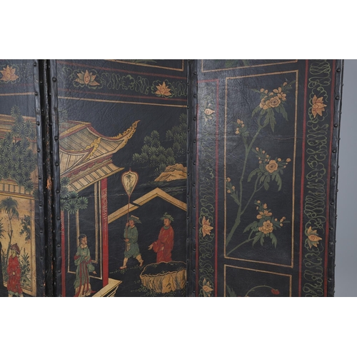 494 - A 19TH CENTURY LEATHER FOUR FOLD ROOM SCREEN. the four panels painted with Oriental style decoration... 