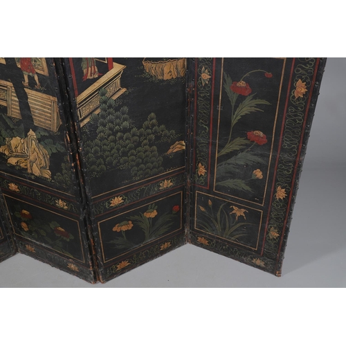 494 - A 19TH CENTURY LEATHER FOUR FOLD ROOM SCREEN. the four panels painted with Oriental style decoration... 