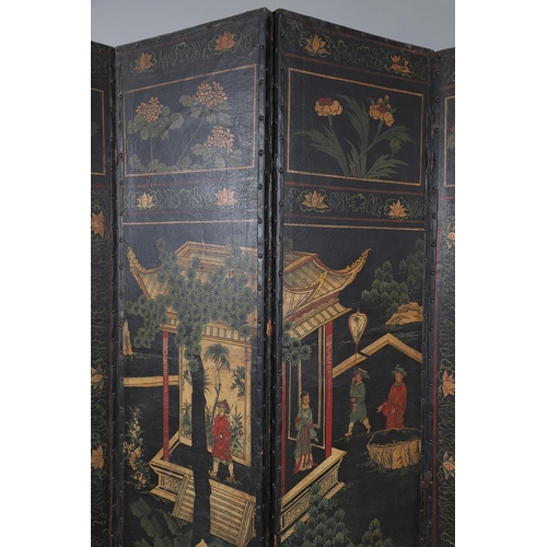 494 - A 19TH CENTURY LEATHER FOUR FOLD ROOM SCREEN. the four panels painted with Oriental style decoration... 