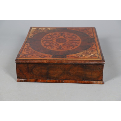 496 - A WILLIAM AND MARY OYSTER VENEERED LACE BOX. probably olivewood, the hinged lid with inlaid scrollin... 