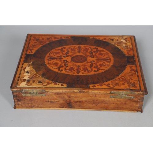 496 - A WILLIAM AND MARY OYSTER VENEERED LACE BOX. probably olivewood, the hinged lid with inlaid scrollin... 