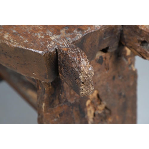 499 - A PRIMITIVE OAK CHEESE PRESS, CONVERTED TO A TABLE. 18th century, the top with original whey drain, ... 