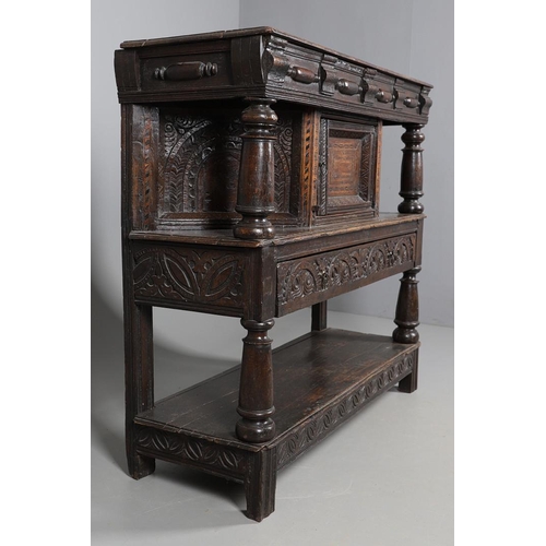 502 - A 17TH CENTURY OAK AND MARQUETRY COURT CUPBOARD. the upper trapezoidal section centred by cupboard d... 