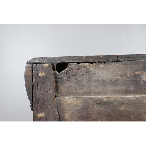 502 - A 17TH CENTURY OAK AND MARQUETRY COURT CUPBOARD. the upper trapezoidal section centred by cupboard d... 