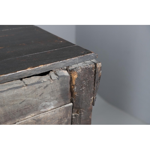 502 - A 17TH CENTURY OAK AND MARQUETRY COURT CUPBOARD. the upper trapezoidal section centred by cupboard d... 