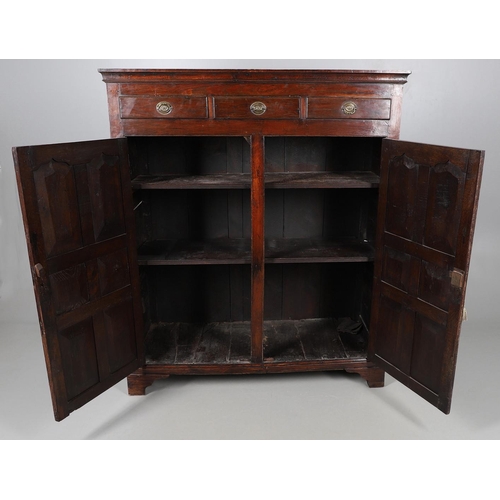 503 - AN EARLY 19TH CENTURY WELSH OAK CUPBOARD. with three small drawers above ogee arch panelled cupboard... 