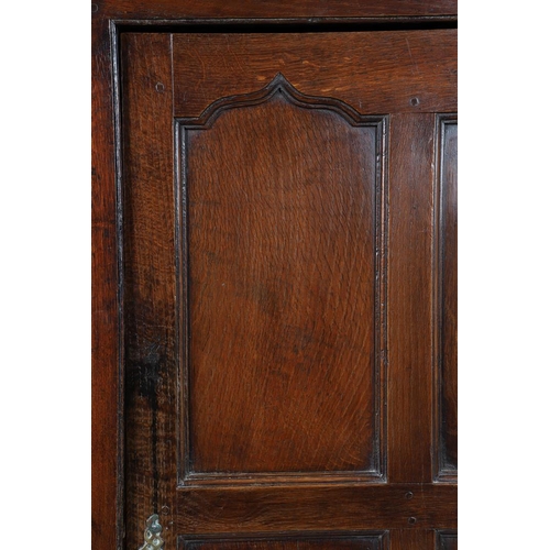 503 - AN EARLY 19TH CENTURY WELSH OAK CUPBOARD. with three small drawers above ogee arch panelled cupboard... 