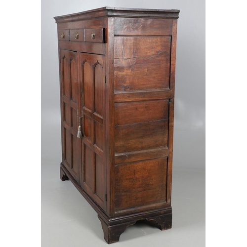 503 - AN EARLY 19TH CENTURY WELSH OAK CUPBOARD. with three small drawers above ogee arch panelled cupboard... 