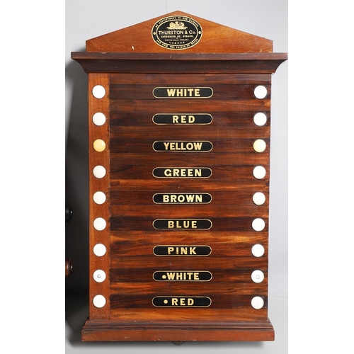 518 - THURSTON & CO ANTIQUE SNOOKER & LIFE POOL SCOREBOARDS. Two late Victorian mahogany scoreboards made ... 