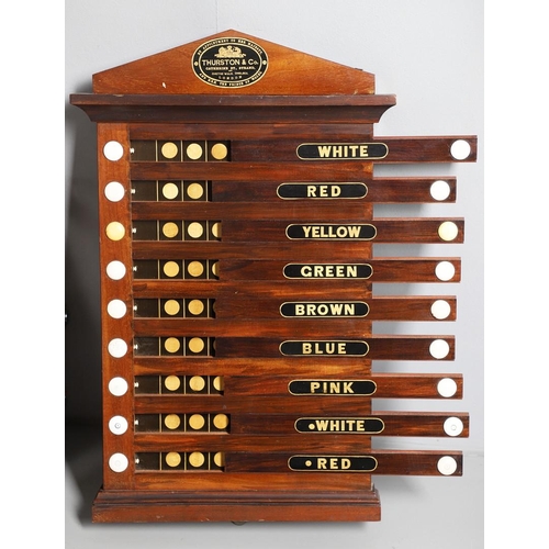 518 - THURSTON & CO ANTIQUE SNOOKER & LIFE POOL SCOREBOARDS. Two late Victorian mahogany scoreboards made ... 