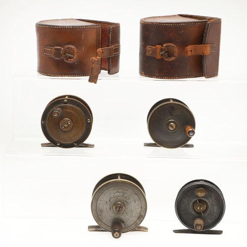 520 - ANTIQUE FISHING REELS & BLOCK LEATHER CASES. Including a small 2 1/2inch brass reel in a Farlow & Co... 