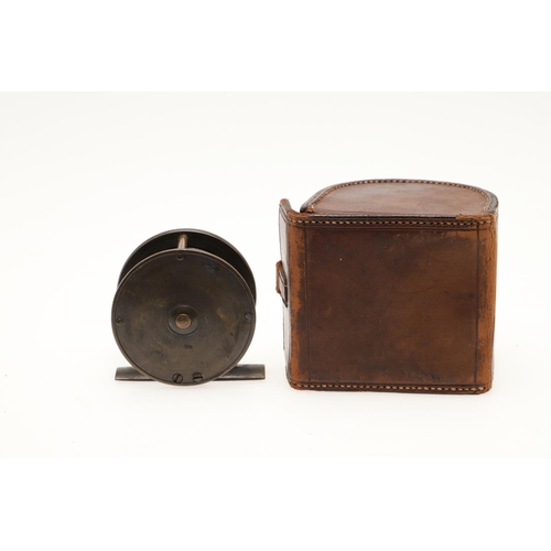 520 - ANTIQUE FISHING REELS & BLOCK LEATHER CASES. Including a small 2 1/2inch brass reel in a Farlow & Co... 