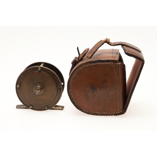 520 - ANTIQUE FISHING REELS & BLOCK LEATHER CASES. Including a small 2 1/2inch brass reel in a Farlow & Co... 