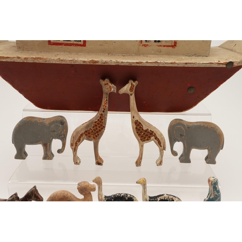 547 - ANTIQUE NOAH'S ARK & ANIMALS. A wooden and painted antique Noah's Ark, with a hinged lid and with a ... 