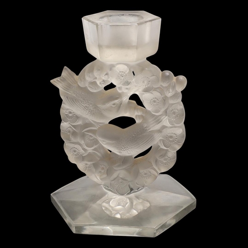 560 - ANTIQUE LALIQUE CANDLESTICK - MESANGES. A frosted and clear glass candlestick in the Mesanges design... 