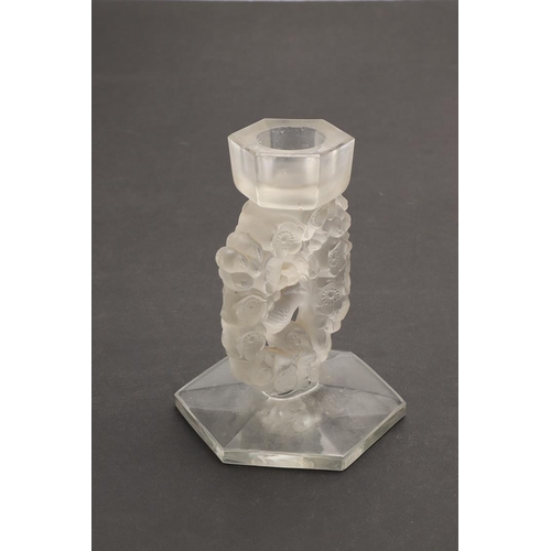 560 - ANTIQUE LALIQUE CANDLESTICK - MESANGES. A frosted and clear glass candlestick in the Mesanges design... 