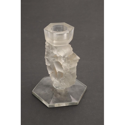 560 - ANTIQUE LALIQUE CANDLESTICK - MESANGES. A frosted and clear glass candlestick in the Mesanges design... 